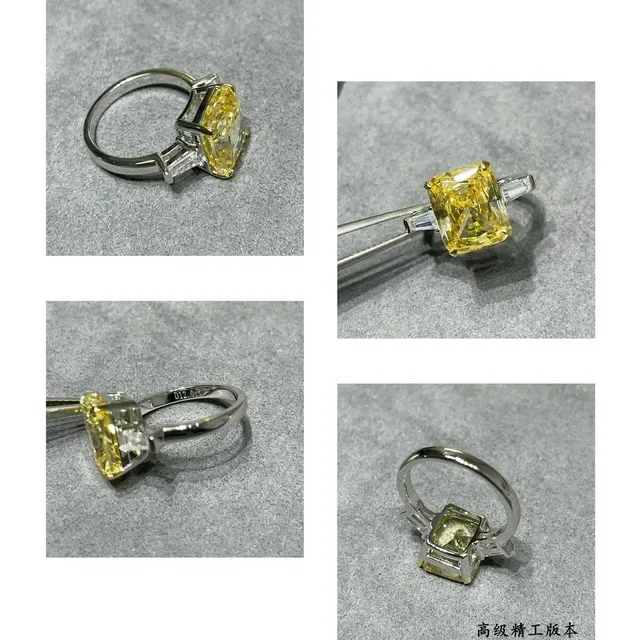 Yellow Silver Emerald-Cut Central Stone Tapered Baguette Side Stones Ring 2
