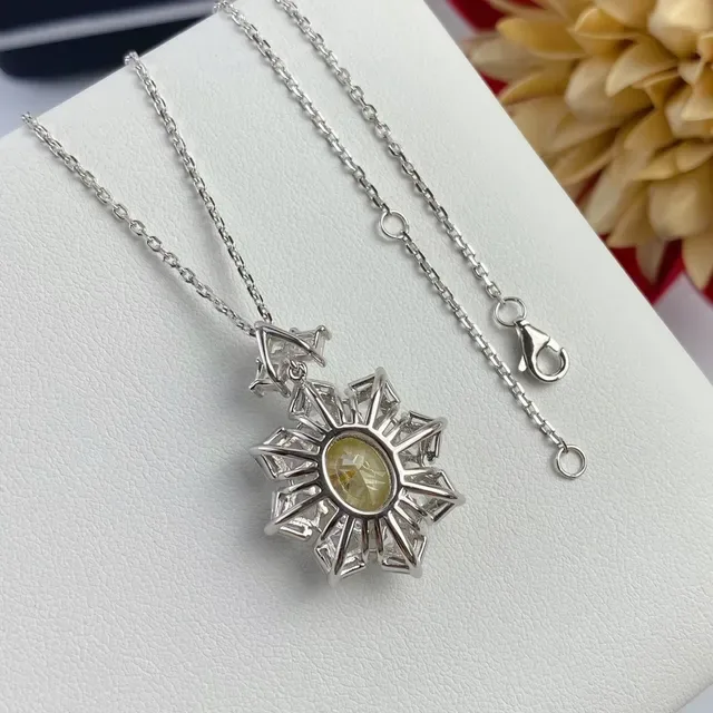 Yellow Silver Floral Cluster Pendant Radiant-Cut Surrounding Stones Necklace 3