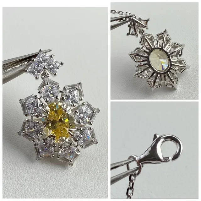 Yellow Silver Floral Cluster Pendant Radiant-Cut Surrounding Stones Necklace 5