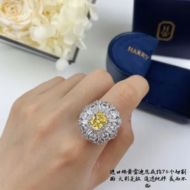 Yellow Silver Halo Cluster Cushion-Cut Center Ring 4