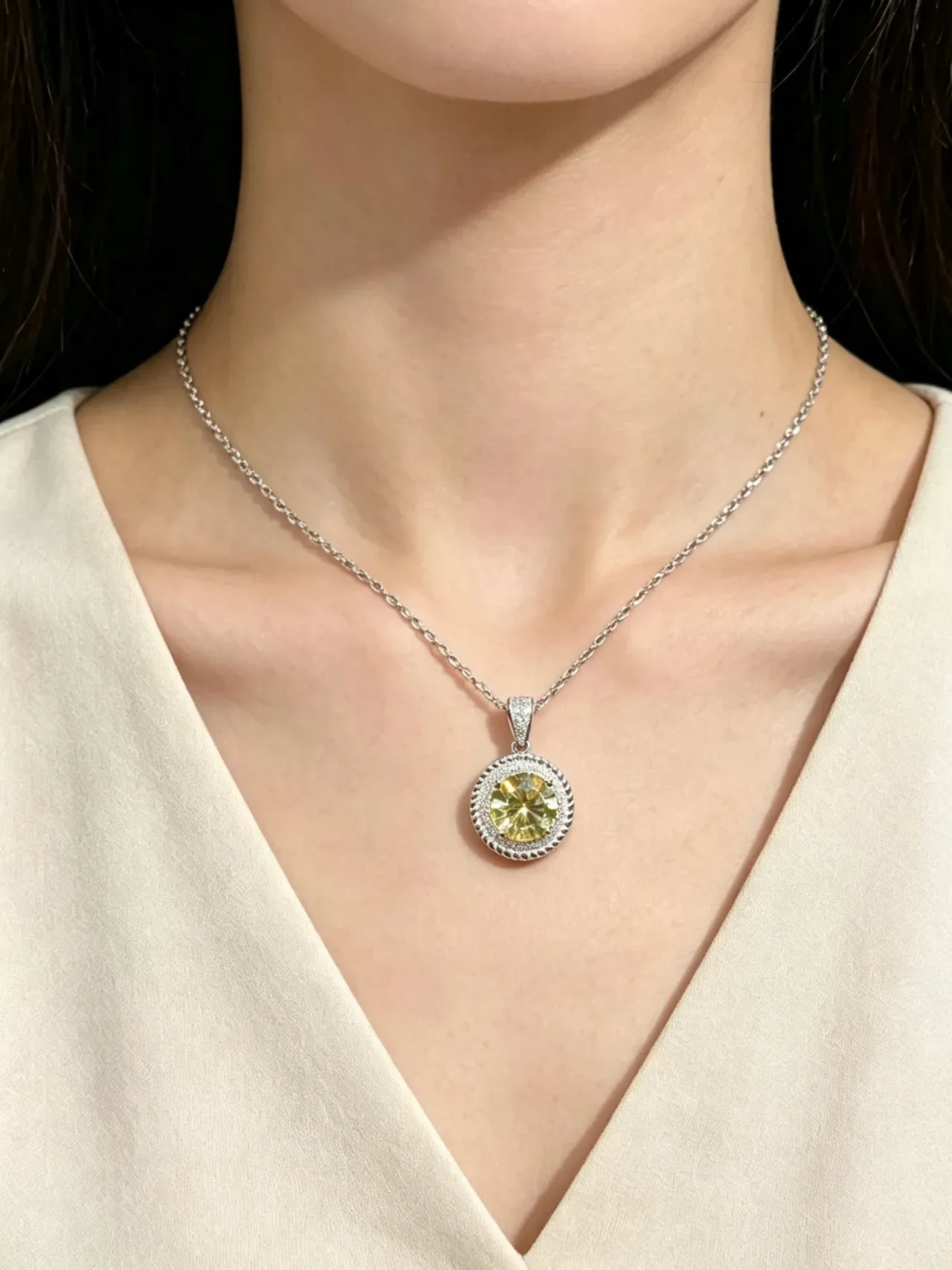 Yellow Silver Halo-Set Pavé-Accented Necklace 2