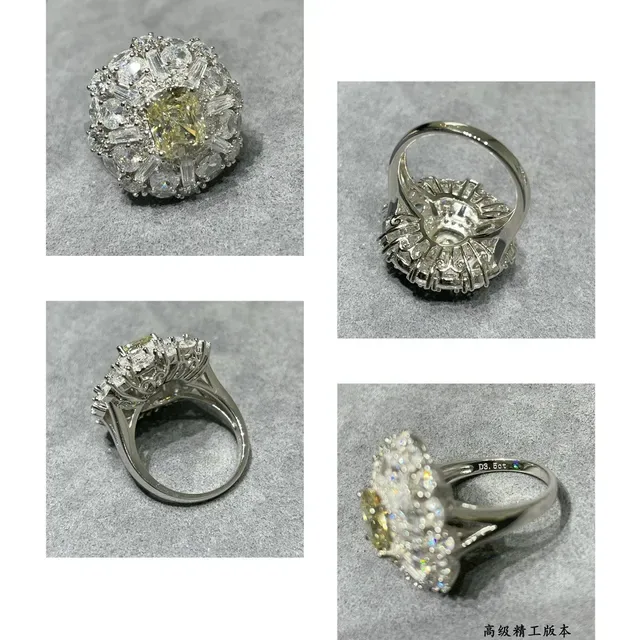 Yellow White Halo Cluster Cushion-Cut Center Ring 2