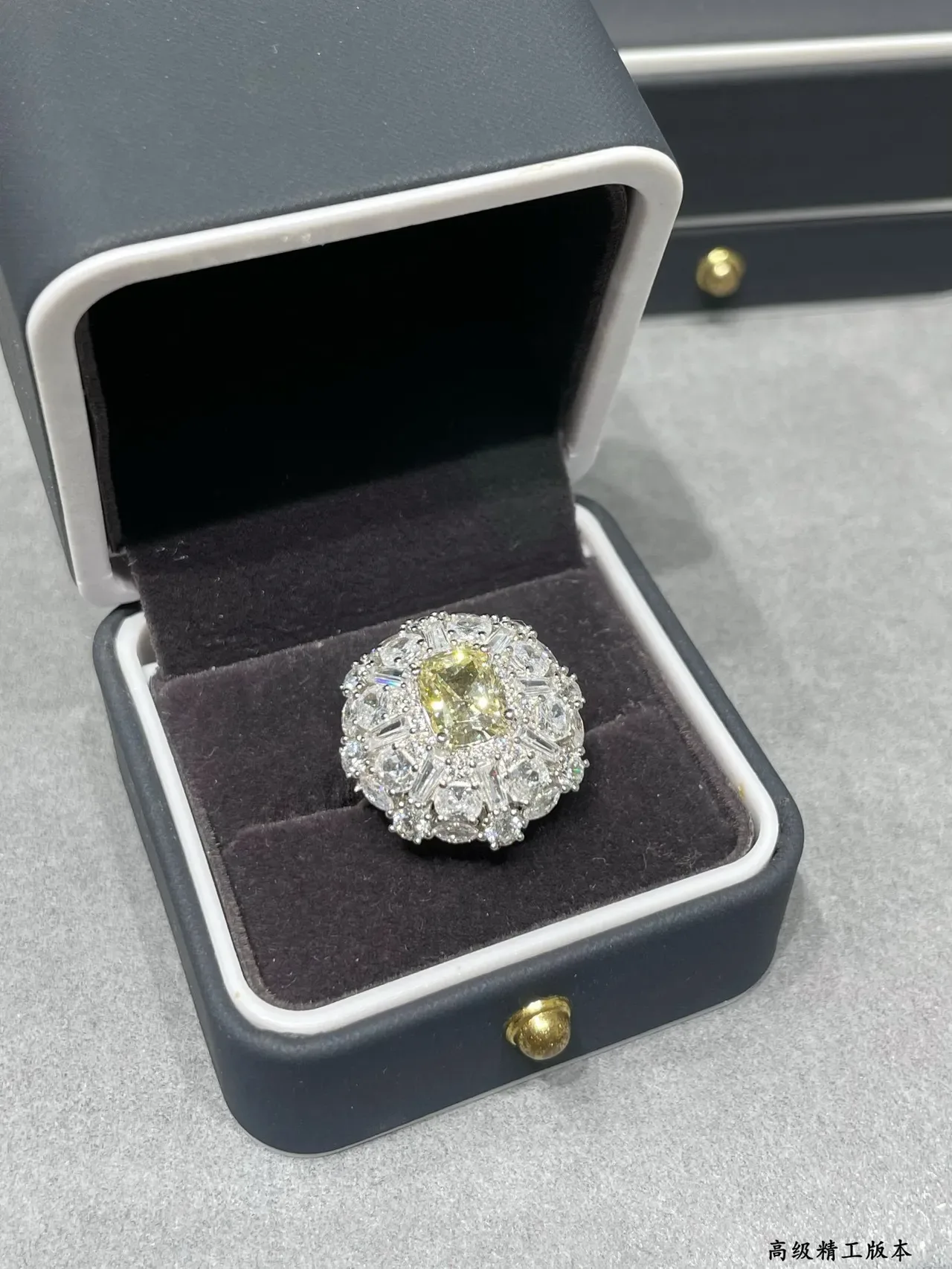 Yellow White Halo Cluster Cushion-Cut Center Ring 5