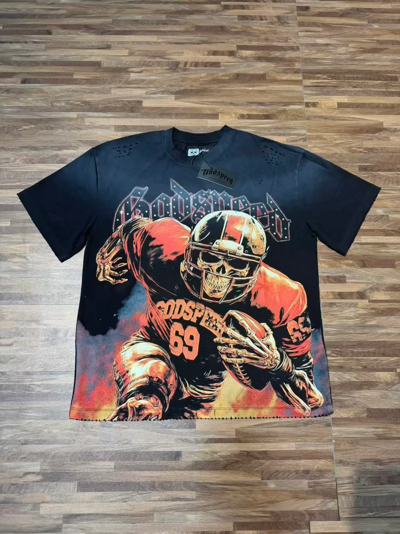 Godspeed Skull Football Player Graphic Distressed Black T-Shirt 2