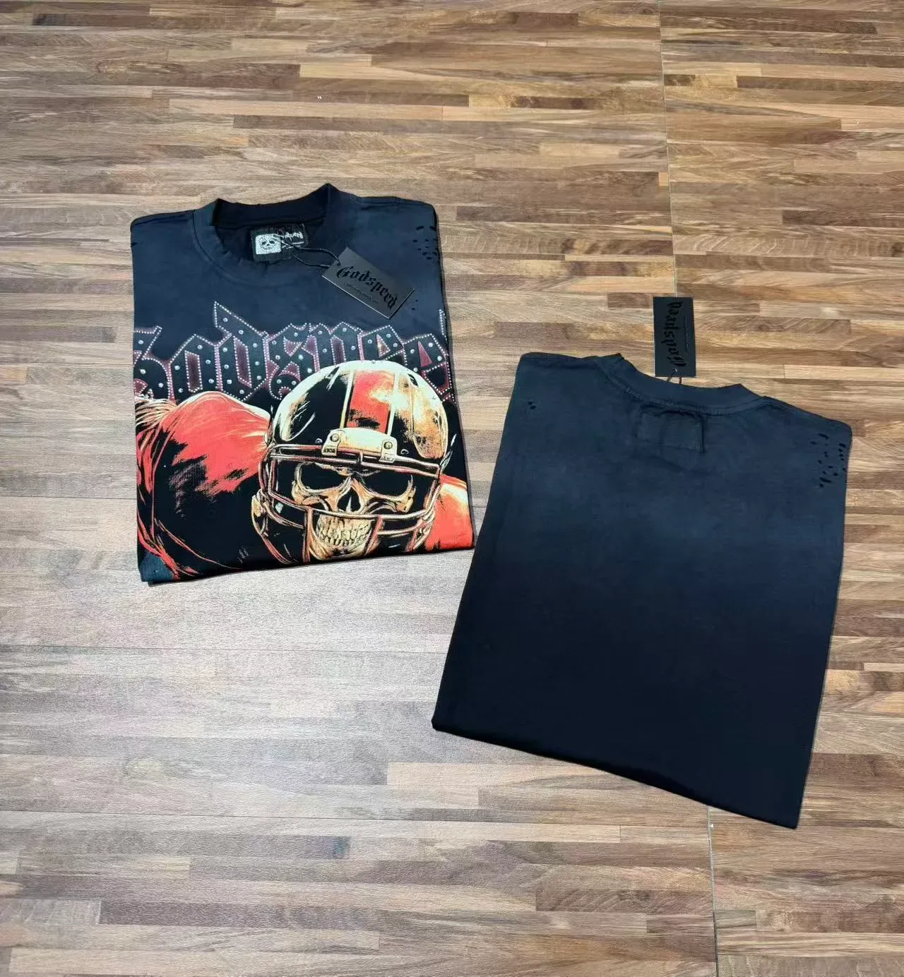 Godspeed Skull Football Player Graphic Distressed Black T-Shirt 4