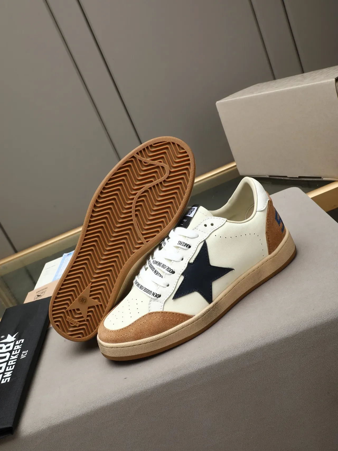 Golden Goose Ballstar White Tan Navy Star Lifestyle Sneakers 4