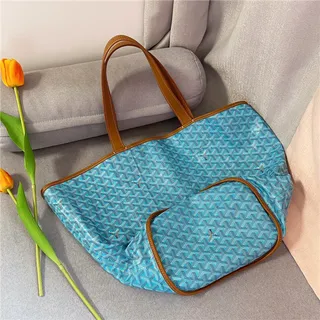 Goyard Beige Blue Canvas Body Tan Leather Trim Tote Bag 3