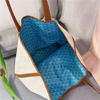 Goyard Beige Blue Canvas Body Tan Leather Trim Tote Bag 4