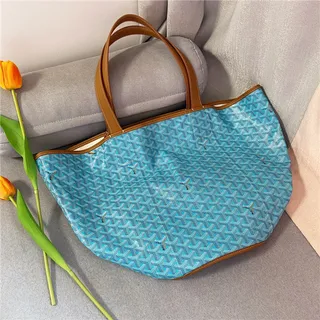 Goyard Beige Blue Canvas Body Tan Leather Trim Tote Bag 5