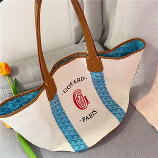 Goyard Beige Blue Canvas Body Tan Leather Trim Tote Bag 6