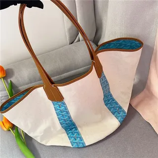 Goyard Beige Blue Canvas Body Tan Leather Trim Tote Bag 7
