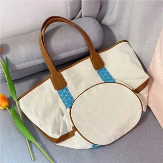 Goyard Beige Blue Canvas Body Tan Leather Trim Tote Bag 8