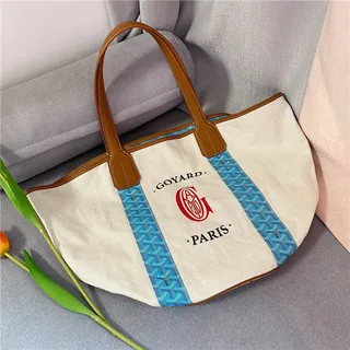 Goyard Beige Blue Canvas Body Tan Leather Trim Tote Bag 9