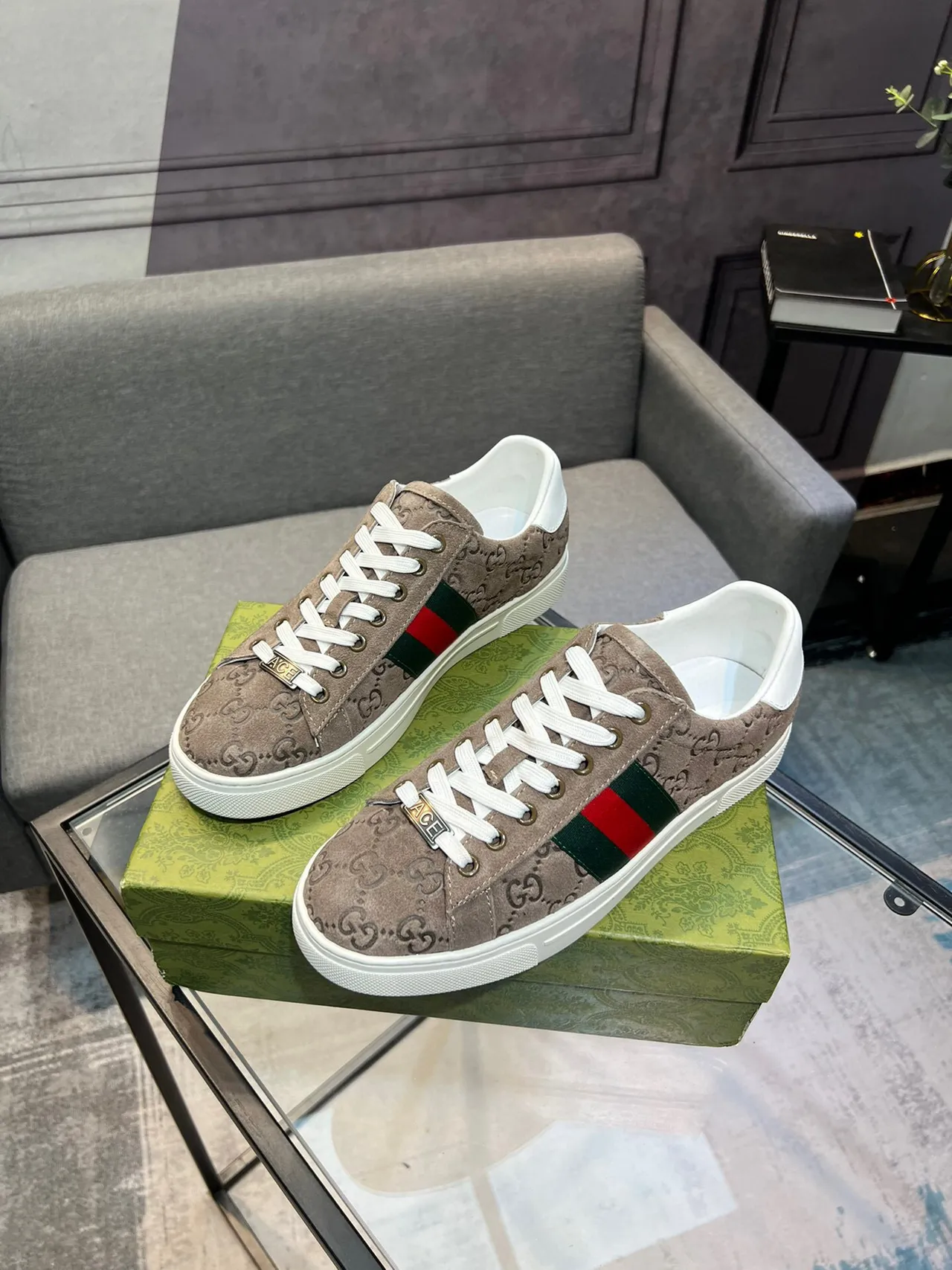 Gucci Ace Beige Suede Green-Red Web Lifestyle Sneakers 3