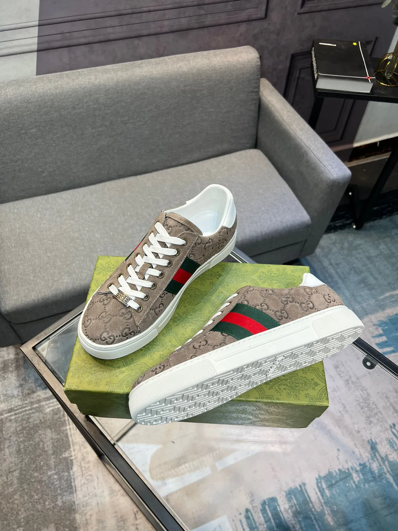 Gucci Ace Beige Suede Green-Red Web Lifestyle Sneakers 4