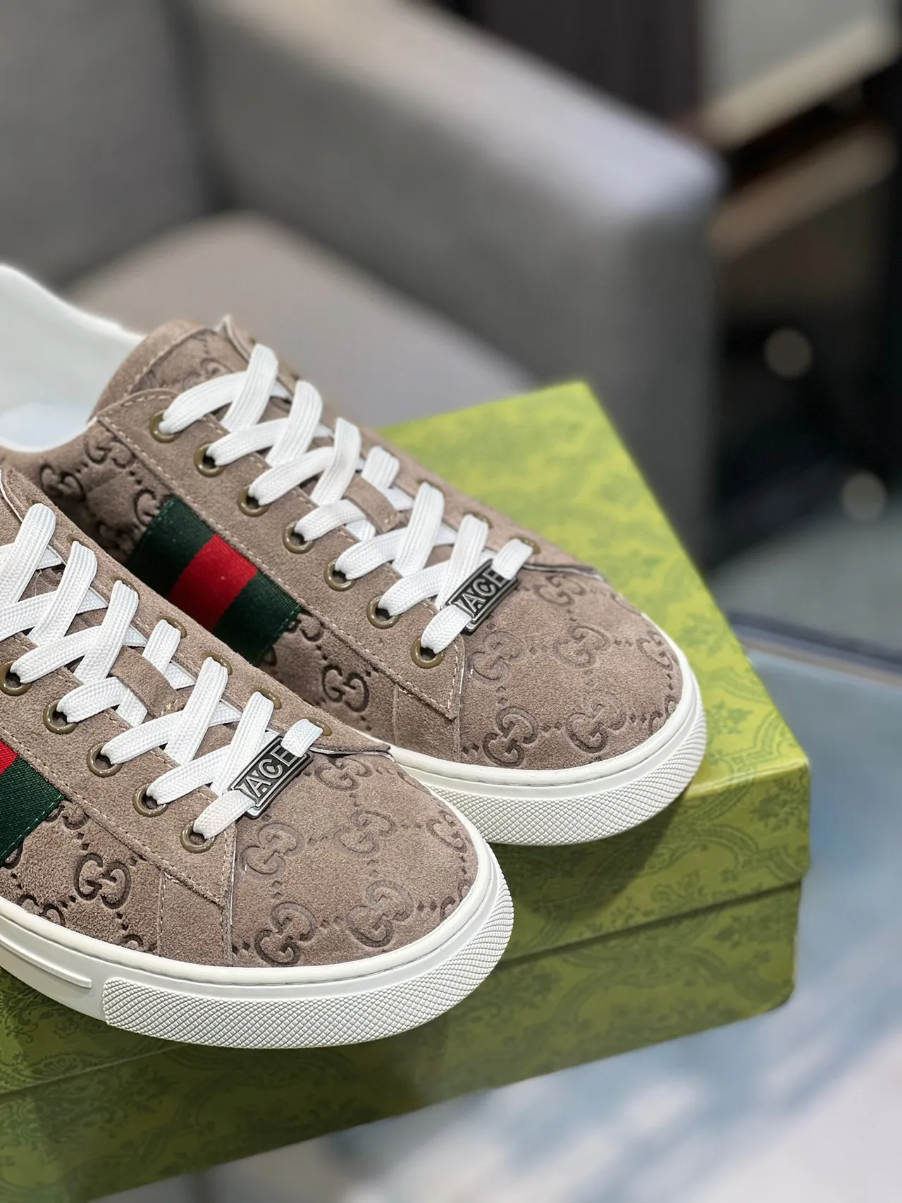 Gucci Ace Beige Suede Green-Red Web Lifestyle Sneakers 9