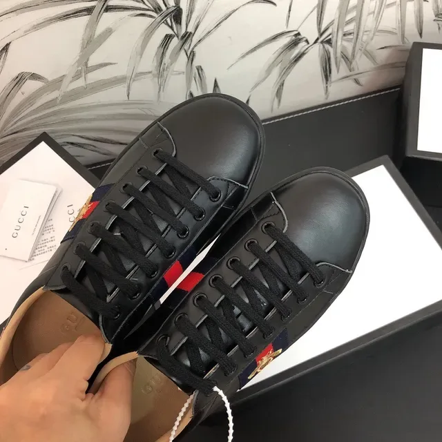 Gucci Ace Black Leather Web Stripe Bee Lifestyle Sneakers 5