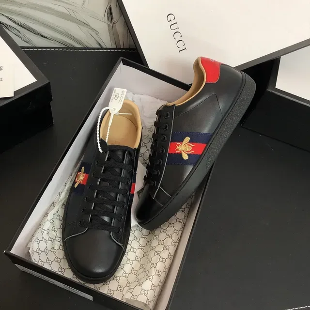 Gucci Ace Black Leather Web Stripe Bee Lifestyle Sneakers 7