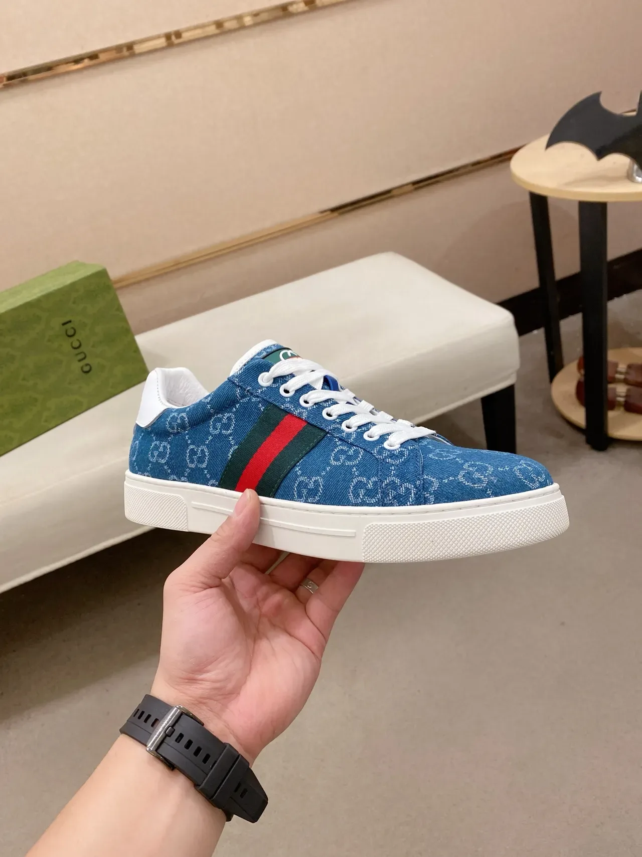 Gucci Ace Tênis Lifestyle Azul GG Monogram Denim Web Stripe 4