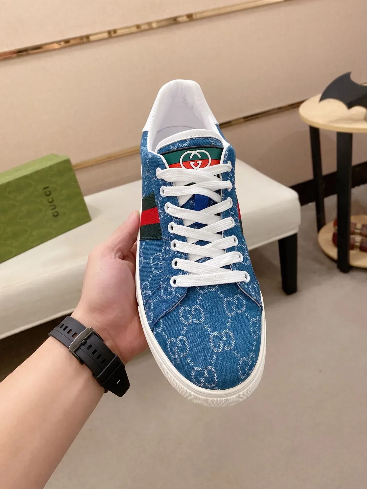 Gucci Ace Tênis Lifestyle Azul GG Monogram Denim Web Stripe 5