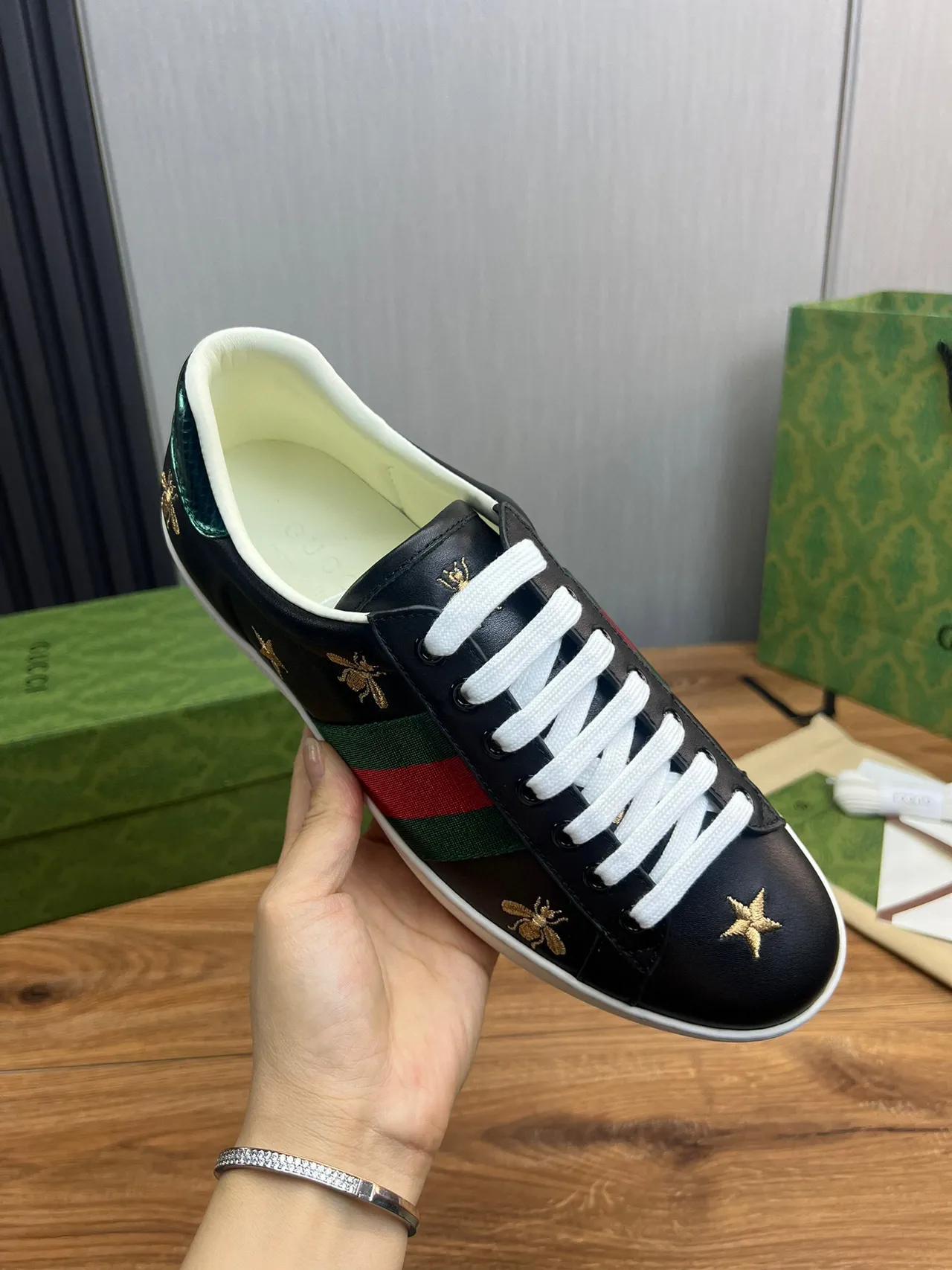Gucci Ace Embroidered Bee and Star Black Lifestyle Sneakers 5