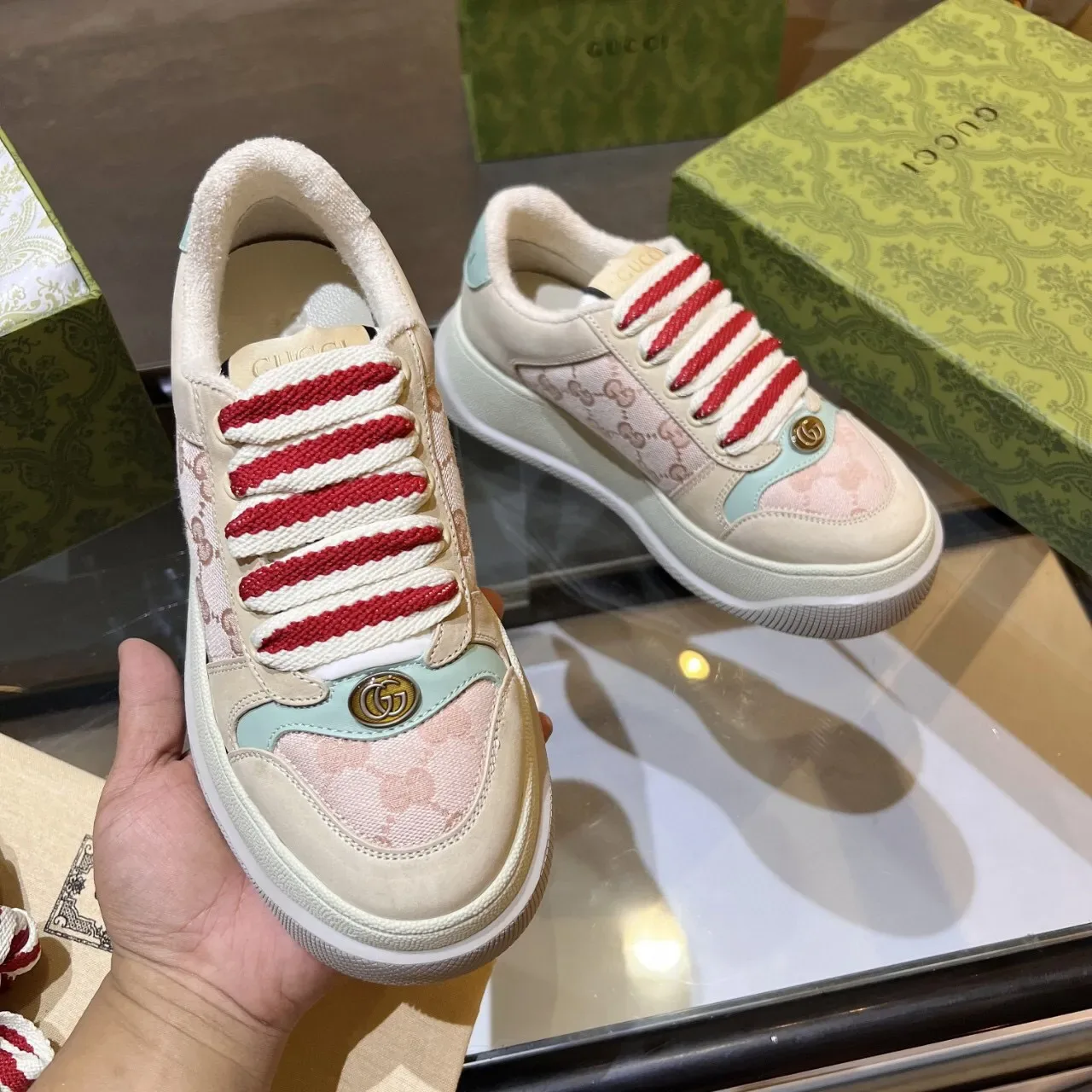 Gucci Ace Pink and Beige GG Jacquard Lifestyle Sneakers 2