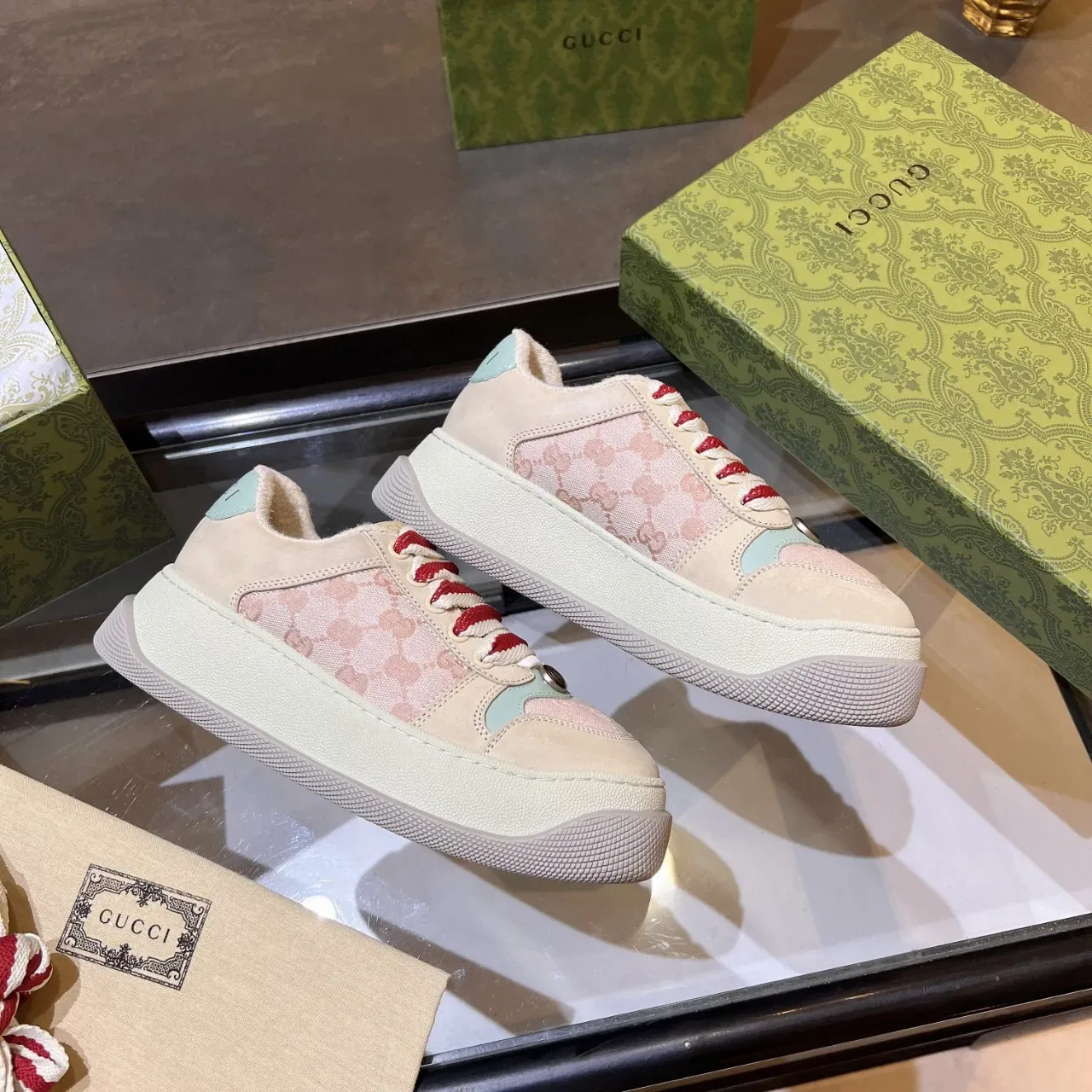 Gucci Ace Pink and Beige GG Jacquard Lifestyle Sneakers 4