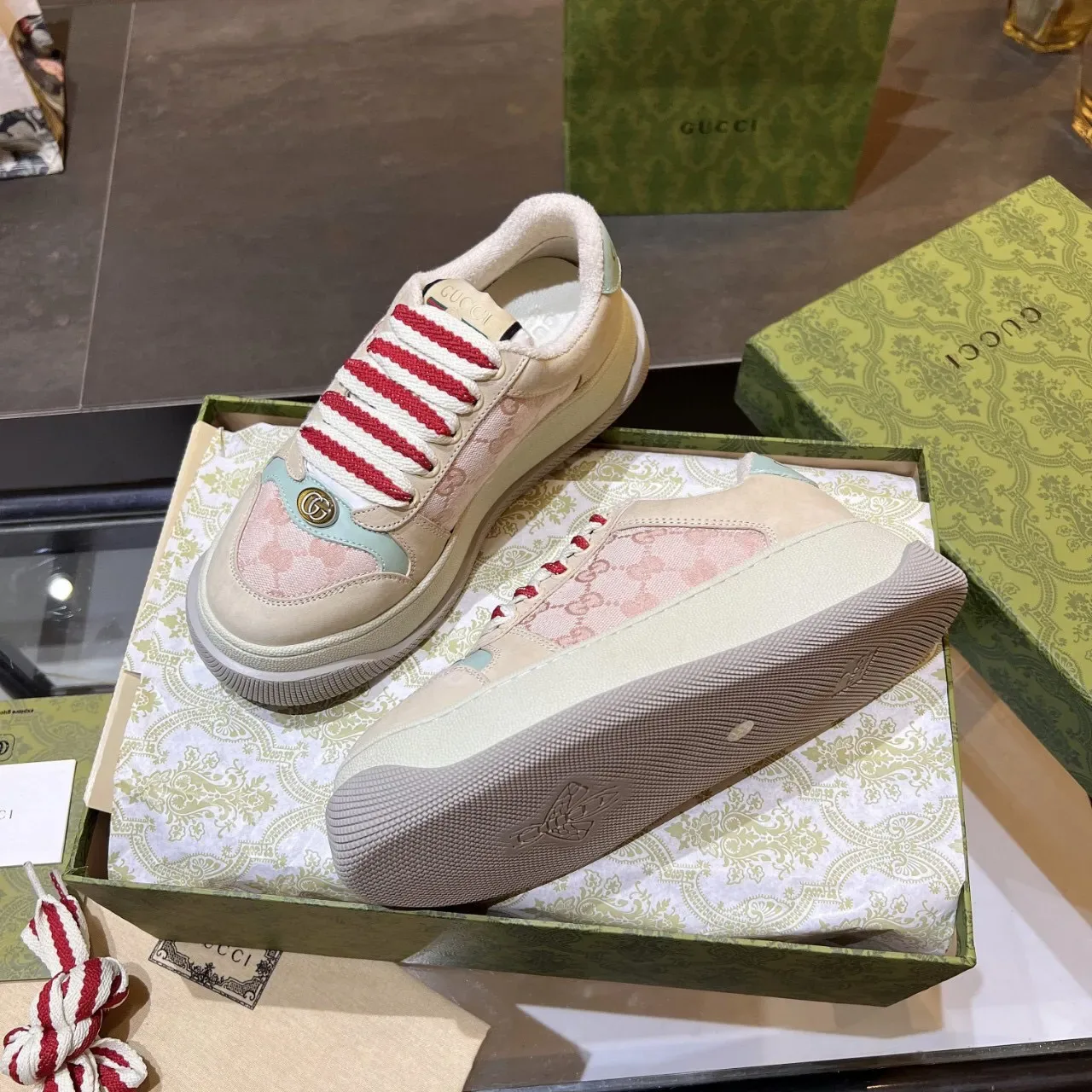 Gucci Ace Pink and Beige GG Jacquard Lifestyle Sneakers 8