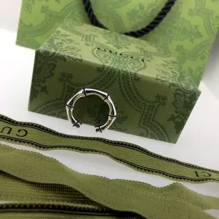 Gucci Bamboo Silver Army Green Motif Open Adjustable Band Ring