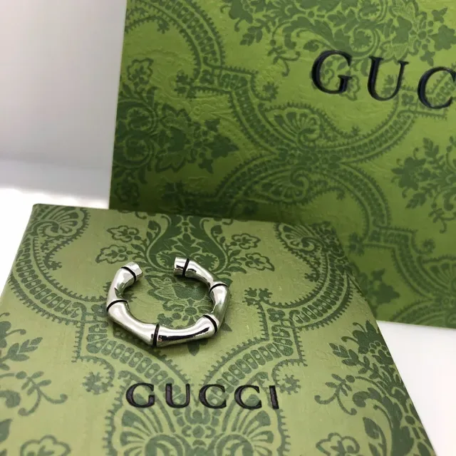 Gucci Bamboo Silver Army Green Motif Open Adjustable Band Ring 3
