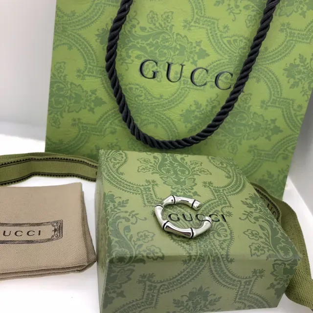 Gucci Bamboo Silver Army Green Motif Open Adjustable Band Ring 4
