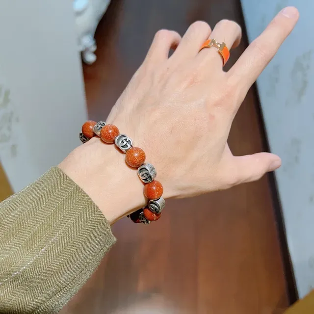 Gucci Beaded Interlocking GG Logo Orange Goldstone Bracelet 2
