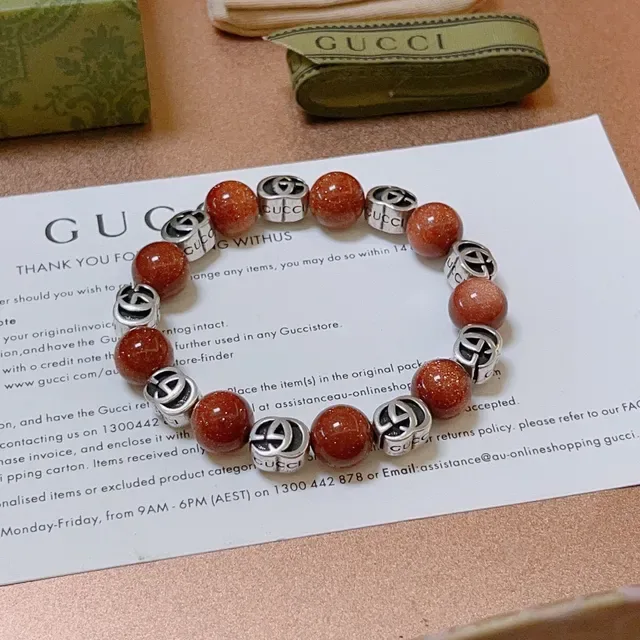 Gucci Beaded Interlocking GG Logo Orange Goldstone Bracelet 3