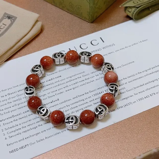 Gucci Beaded Interlocking GG Logo Orange Goldstone Bracelet 4