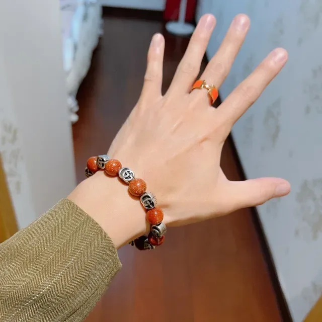Gucci Beaded Interlocking GG Logo Orange Goldstone Bracelet 5
