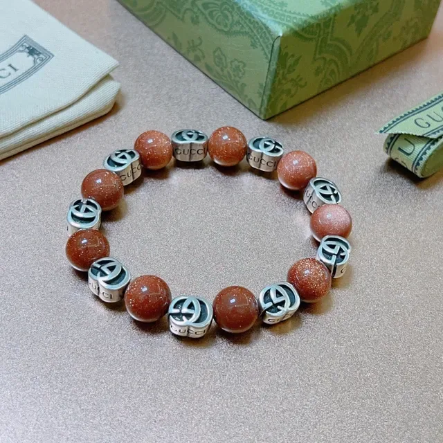 Gucci Beaded Interlocking GG Logo Orange Goldstone Bracelet 6