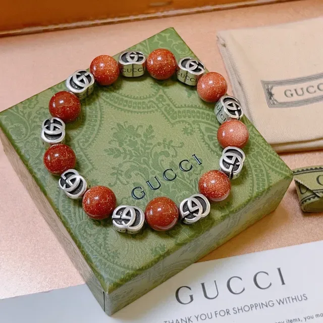 Gucci Beaded Interlocking GG Logo Orange Goldstone Bracelet 7