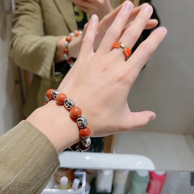 Gucci Beaded Interlocking GG Logo Orange Goldstone Bracelet 8