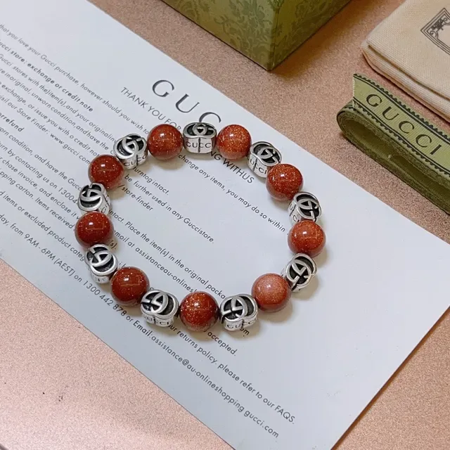 Gucci Beaded Interlocking GG Logo Orange Goldstone Bracelet 9