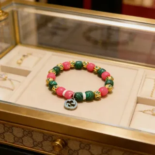 Gucci Beaded Malachite and Pink Stone Interlocking G Charm Bracelet