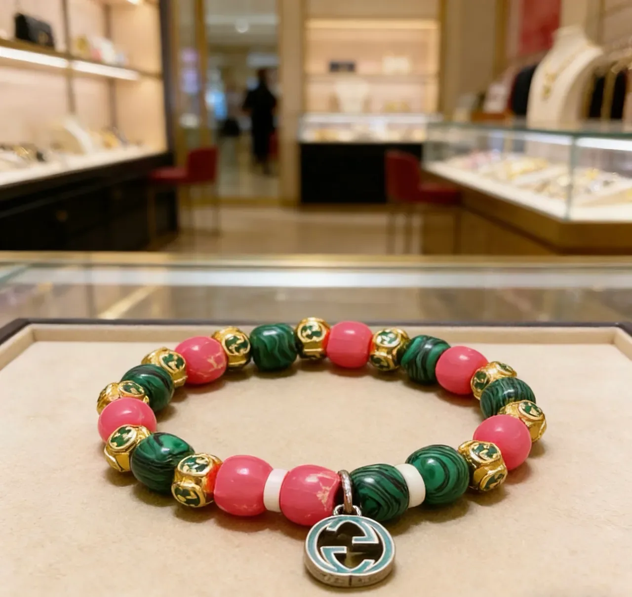 Gucci Beaded Malachite and Pink Stone Interlocking G Charm Bracelet 2
