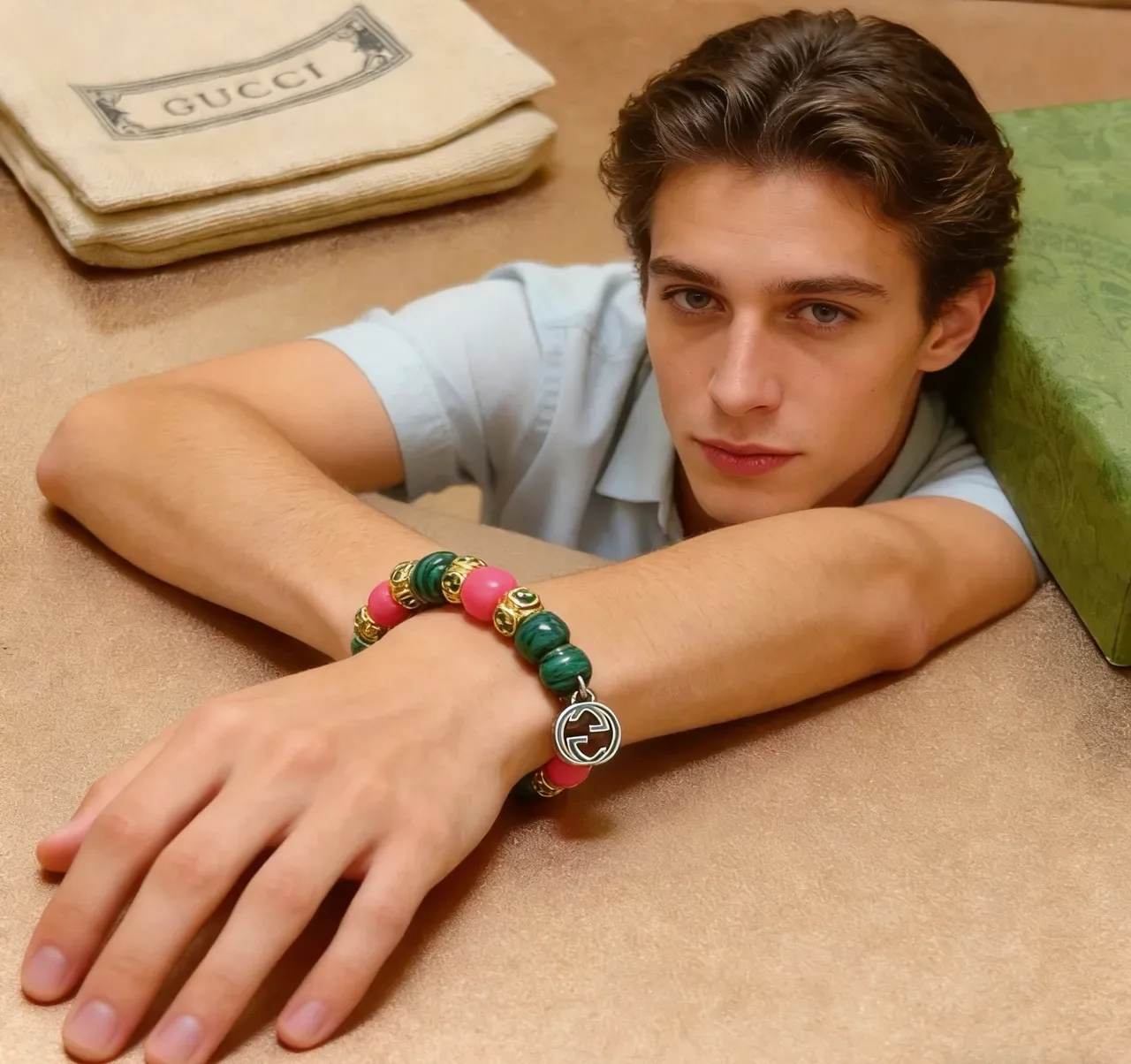 Gucci Beaded Malachite and Pink Stone Interlocking G Charm Bracelet 5
