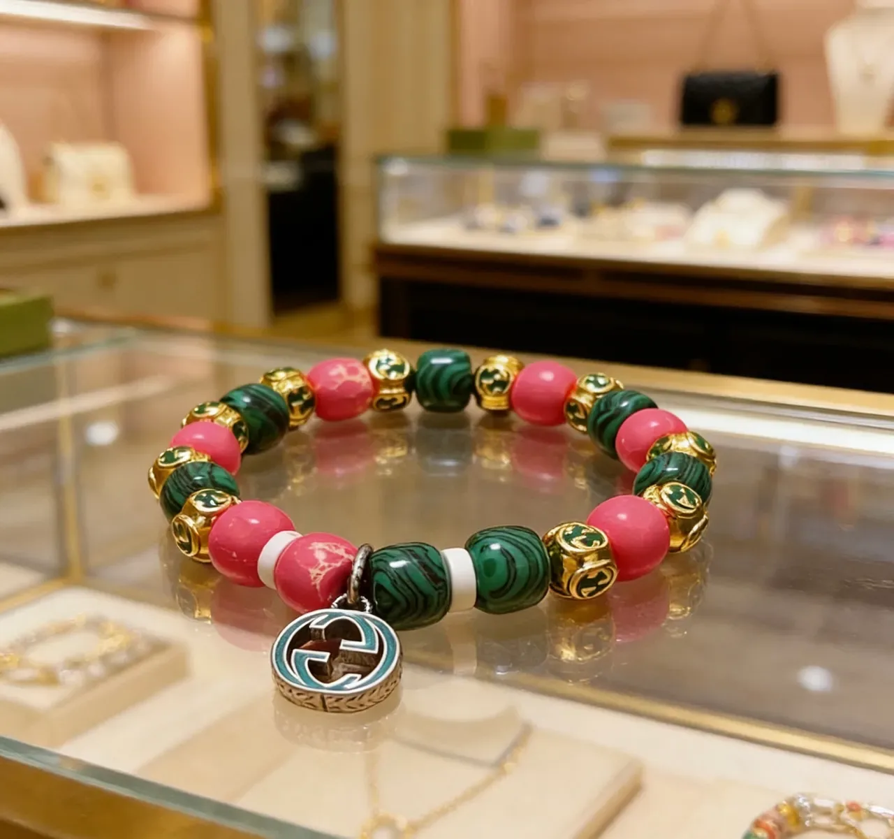 Gucci Beaded Malachite and Pink Stone Interlocking G Charm Bracelet 6