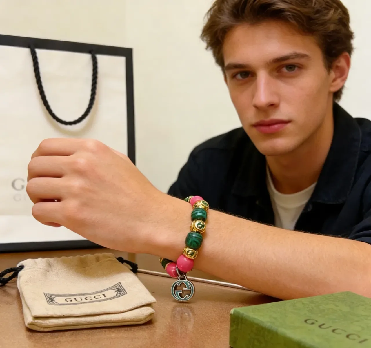 Gucci Beaded Malachite and Pink Stone Interlocking G Charm Bracelet 8