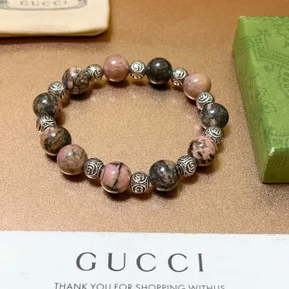Gucci Beaded Marbled Stone and Silver-Tone Stretch Bracelet
