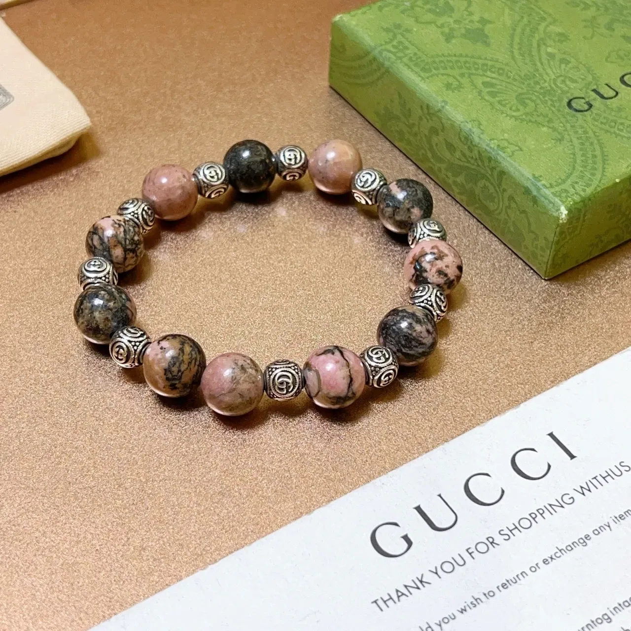 Gucci Beaded Marbled Stone and Silver-Tone Stretch Bracelet 2