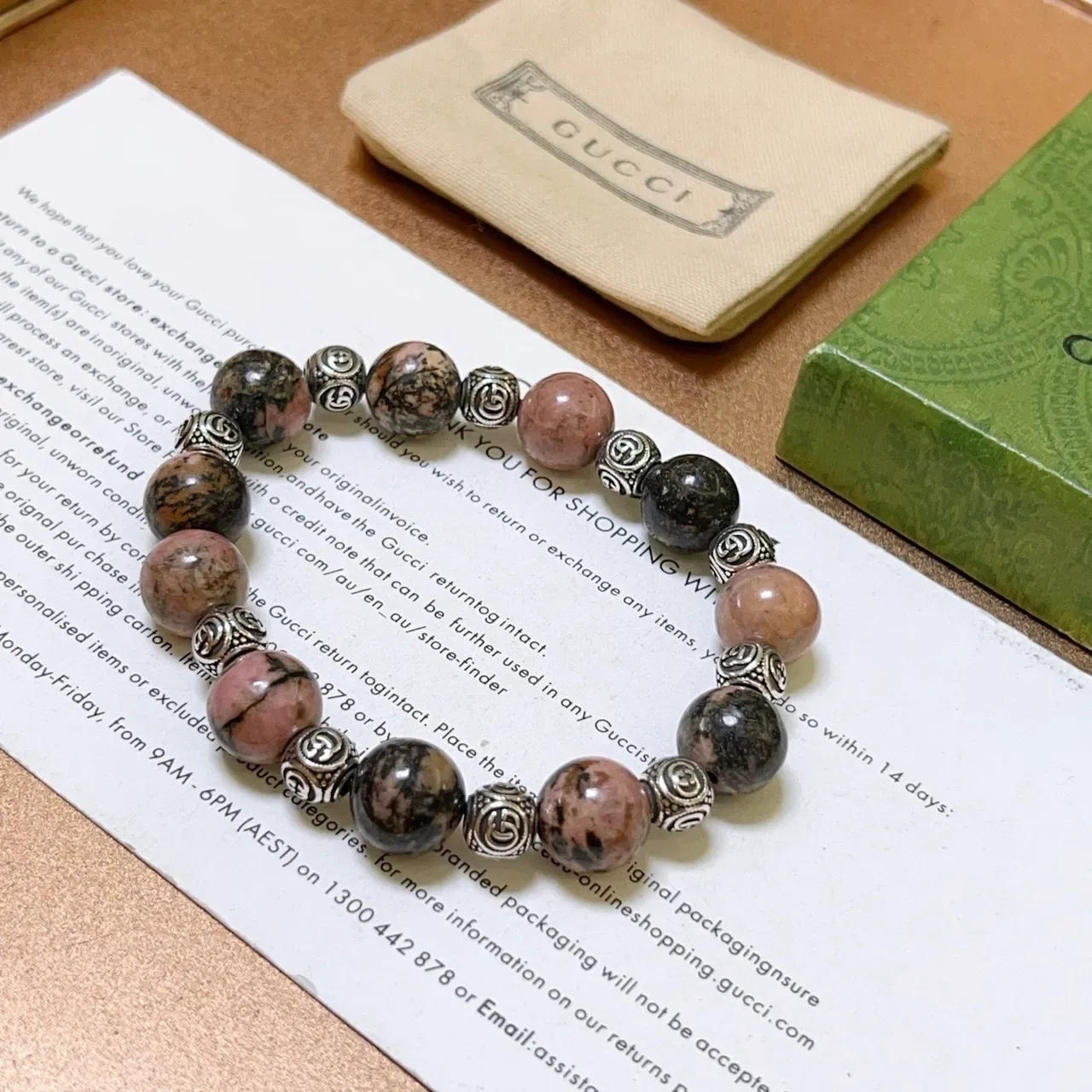 Gucci Beaded Marbled Stone and Silver-Tone Stretch Bracelet 9
