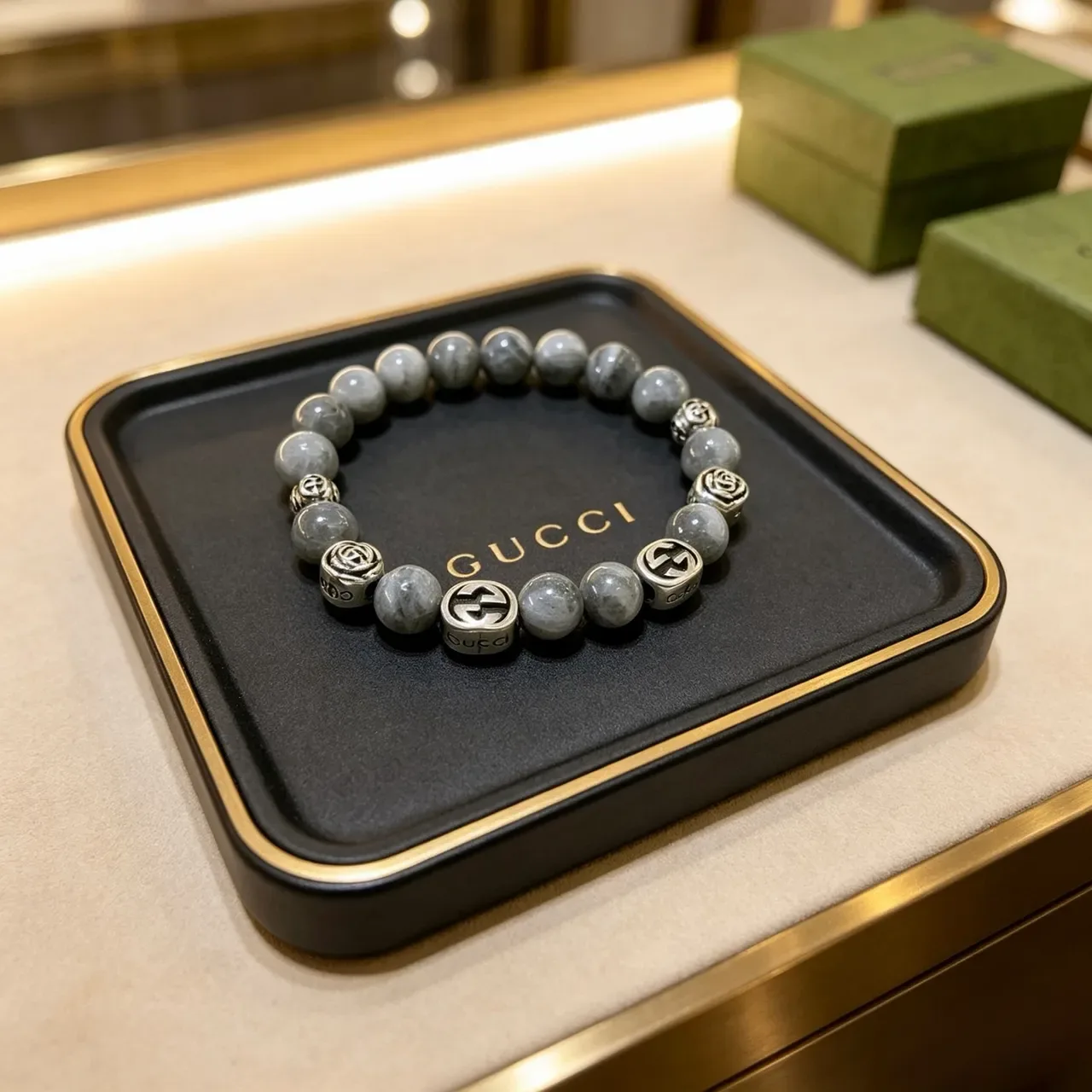 Gucci Beaded Stone and Interlocking G Charm Bracelet 2