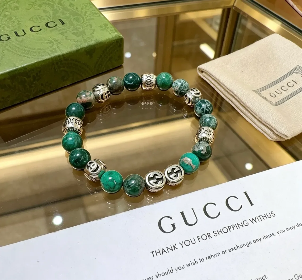 Gucci Beaded Stone and Silver-Tone Interlocking G Bracelet 4