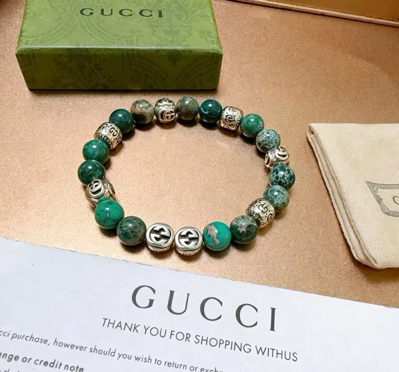 Gucci Beaded Stone and Silver-Tone Interlocking G Bracelet 6